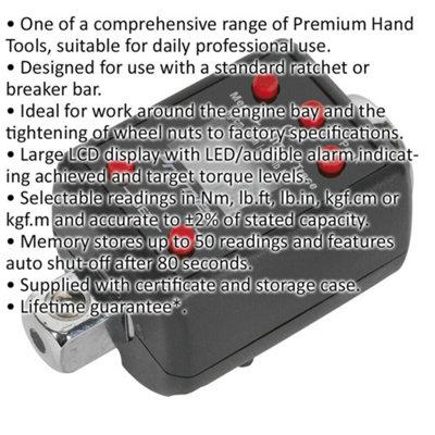 Professional Digital Torque Adaptor with Large LCD Display - 1/2" Drive and 40-200 Nm Range