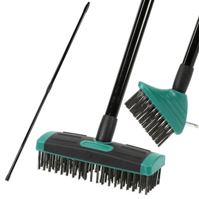 Professional Extendable Weed & Moss Remover Dual-Attachment Brush & Broom for Block Paving Patios & Decking Heavy-Duty Metal