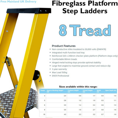Professional Lightweight 1.9m Fibreglass 8 Tread Step Ladder with Tool Tray