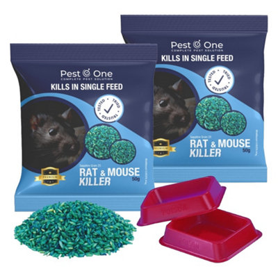 Professional Rat & Mouse Killer Poison Grain (2x50g) with 2 Bait Trays Strongest Fast Acting Bait Indoor & Outdoor Rodent Control