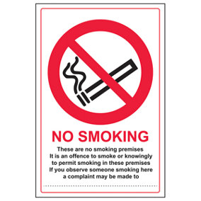 Prohibition No Smoking Premises Sign - Rigid Plastic - 200x300mm (x3)