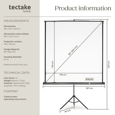 Projector Screen - extendable, with sturdy, foldable tripod, for HD and ...