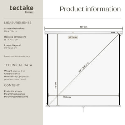 Projector Screen - retractable, wall & ceiling mounted, HD optimised, 2 ...