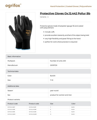 Protective Gloves Size 10 Ox.12.442 Poliur 12 pairs