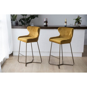 PS Global Barstool Plush Velvet Upholstered Seat Kitchen Island Barstool Easy-Clean Fabric Brass Legs (Mustard)