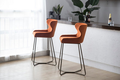 PS Global Barstool Plush Velvet Upholstered Seat Kitchen Island Barstool Easy-Clean Fabric Brass Legs (Orange)