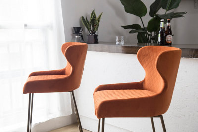 PS Global Barstool Plush Velvet Upholstered Seat Kitchen Island Barstool Easy-Clean Fabric Brass Legs (Orange)