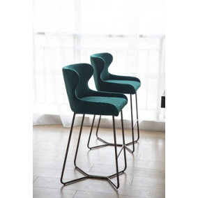 PS Global Barstool Plush Velvet Upholstered Seat Kitchen Island Easy-Clean Fabric Brass Legs (Green)