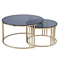 PS Global Modern Round Gold Glass Nesting Coffee Table Living Room (Gold)