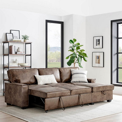 PS Global Monaco Corner Sofa with Pull Out Sofa Bed Storage Brown Leather Aire Right