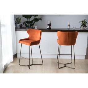 PS Global Neptune Barstool, Plush Velvet Upholstered Seat Kitchen Island Barstool, Easy-Clean Fabric (Orange)