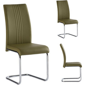 PS Global Set of 2 Athena Dining Chairs PU Leather, Chrome Cantilever Frame, Plastic Floor Protectors, Easy Assembly (Olive Green)