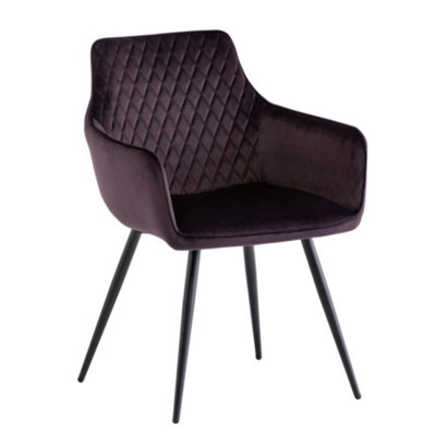 PS Global Set of 2 Felicity Dining Chairs, Velvet Fabric, Cross Stitched Pattern, Black Powder Coated Legs (Aubergine)