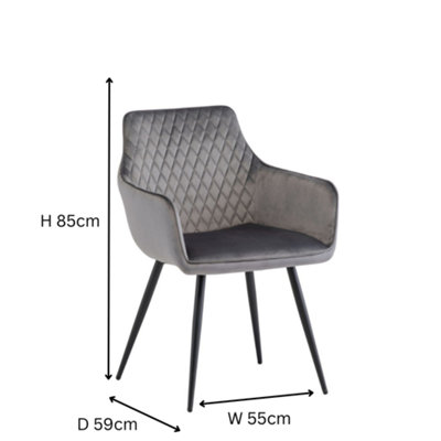 PS Global Set of 2 Felicity Dining Chairs, Velvet Fabric, Cross Stitched Pattern, Black Powder Coated Legs, Kitchen Chairs (Grey)