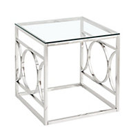 PS Global Silver End Table Clear Glass Silver Stainless Steel Living Room and Hallway Side Table