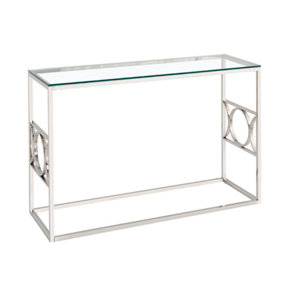 PS Global Silver Stainless Steel Console Table Clear Tempered Glass Hallway Table Living Room Table