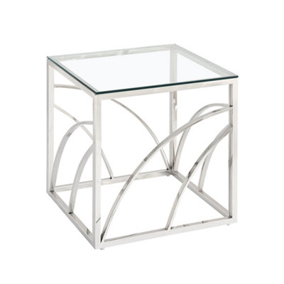 PS Global Silver Stainless Steel End Table Clear Glass Living Room Table and Hallway Table