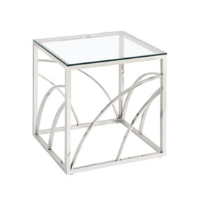 PS Global Silver Stainless Steel End Table Clear Glass Living Room Table and Hallway Table