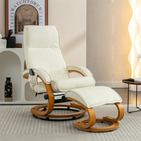 PU Upholstered Massage Recliner with Ottoman Footstool, 5 Points Massager, Bentwood Base For Living Room Bedroom, Beige