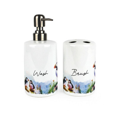 Puffins Bathroom Set - Refillable Ceramic Soap Dispenser & Toothbrush Holder