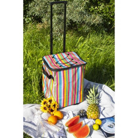 Pull Along Picnic Cool Bag Festival Trolley Portable Stripy Food Drink Cool Box
