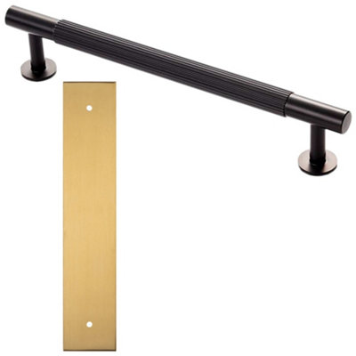 Pull Handle & Contrasting Backplate Set - Reeded Lined T Bar - Matt Black & Satin Brass