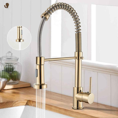 Pull-out kitchen mixer tap, gold finish, single lever 360 degree swivel sink faucet