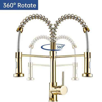 Pull-out kitchen mixer tap, gold finish, single lever 360 degree swivel sink faucet