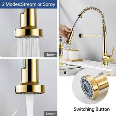 Pull-out kitchen mixer tap, gold finish, single lever 360 degree swivel sink faucet