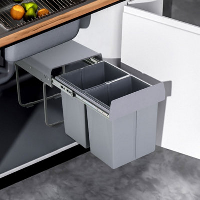 Pull Out Kitchen Recycling Bin, 2 x 20 L Built In Waste Containers with Fixing Brackets, Grey
