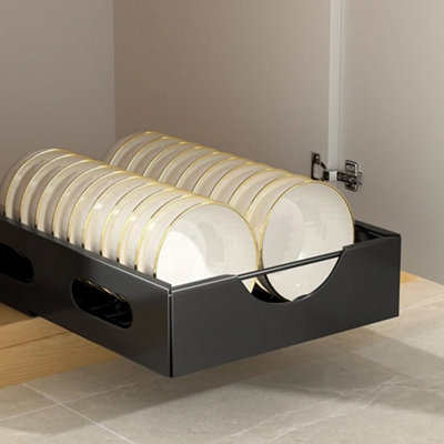 Pull-Out Steel Bowl Rack Black L 27.5 x W 38.5 x H 9cm Kitchen Utensil Holder Rack Unit
