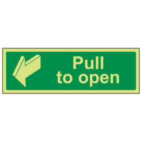 Pull To Open Door Safety Sign - Glow in the Dark - 300x100mm (x3)