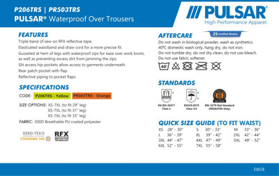 PULSAR High Visibility Hi-Vis OverTrousers - Yellow - XS - To fit 33 Inside Leg