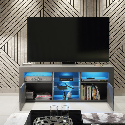 Pulse TV Unit 145cm Dark Grey High Gloss Doors with LED Lighting ...