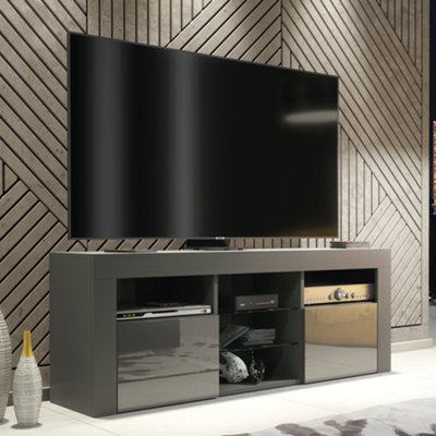 Pulse TV Unit 145cm Dark Grey High Gloss Doors with LED Lighting ...
