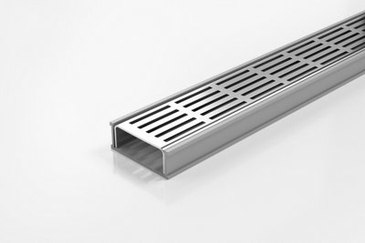Punched Slot Channel Drain 1000mm x 74mm x 27mm, 316 Stainless Steel Grate With Grey uPVC Channel, Fixtures and Fittings