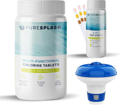 PURE SPLASH 1kg 4-in-1 Multifunction Pool Chlorine Tablets with Floating Chlorine Dispenser & Test Strips for Swimming Pool