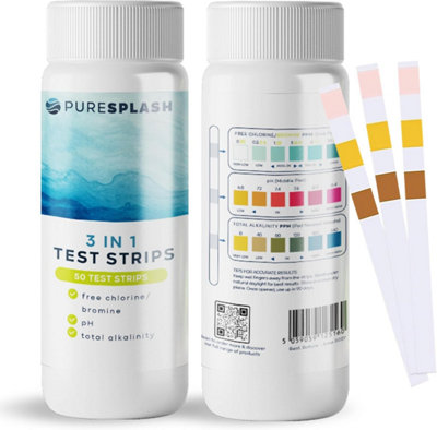 ITS Europe Pool & Spa 3 In1 Test Strips For Free Chlorine, Bromine, PH, Total Alkalinity, 50 Test Strips