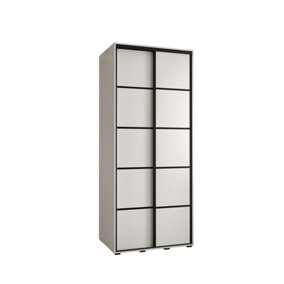 Pure White Cannes IV Sliding Wardrobe H2050mm W1000mm D600mm with Custom Black Steel Handles and Decorative Strips