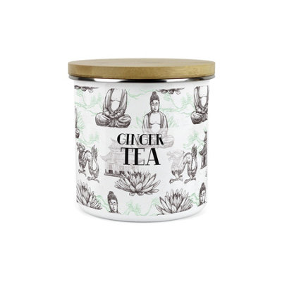 Purely Home Asian Scenes Ginger Tea Canister - White Metal Enamel ...