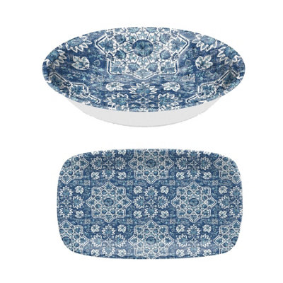 Purely Home Atlantic Blue Melamine Platter & Salad Bowl Serving Set