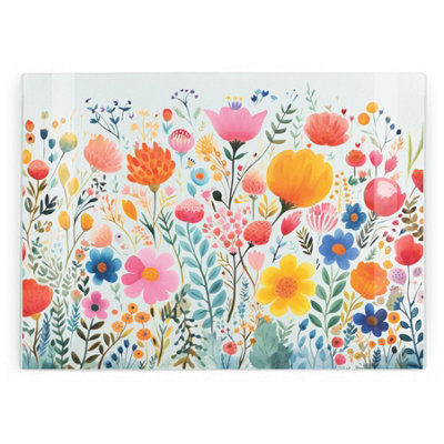 Purely Home Bright Wildflowers Rectangular Glass Worktop Protector - Kitchen Chopping Board