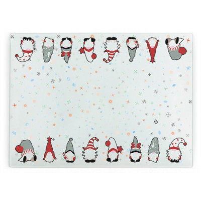 Purely Home Christmas Gonks Rectangular Glass Worktop Protector - Festive Chopping Board