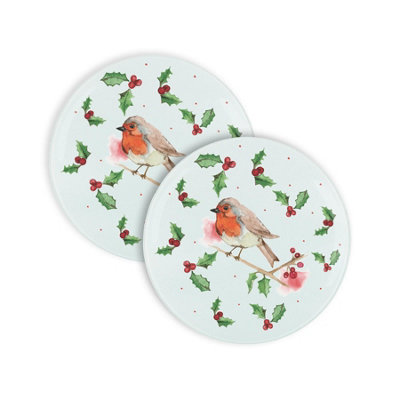 Purely Home Christmas Robins Round Worktop Protectors - Set of 2