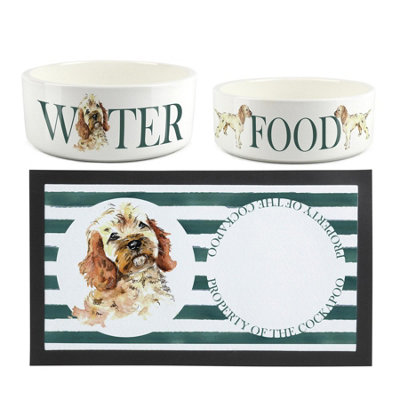Purely Home Cockapoo Pet Mat, Food & Water Bowl Set