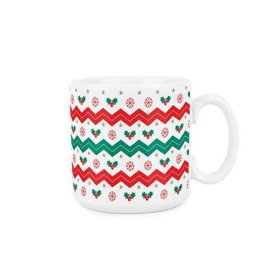 Purely Home Festive Christmas Mug - Holly Leaves & Stripes Xmas Gift -Tea/Coffee Ceramic Cup