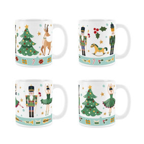 Purely Home Green Christmas Nutcracker Character Coffee Mug - 4x White Ceramic Mugs