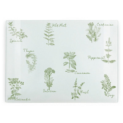 Purely Home Green Herbs Glass Worktop Protector - Large Chopping/Cutting Board Gift