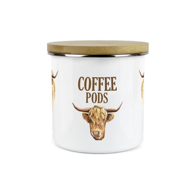 Purely Home Highland Cow Coffee Pods Canister - White Metal Enamel ...