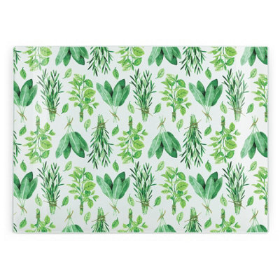 Purely Home Kitchen Herbs Green Glass Chopping Board - Rectangular Large Worktop Protector